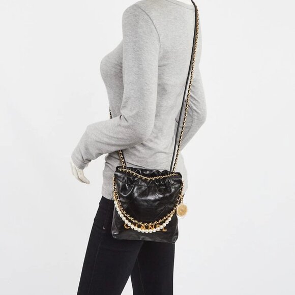 Chanel Black Quilted Shiny Calfskin Leather Pearl Strap Chanel 22 Mini Bag - Picture 2 of 11